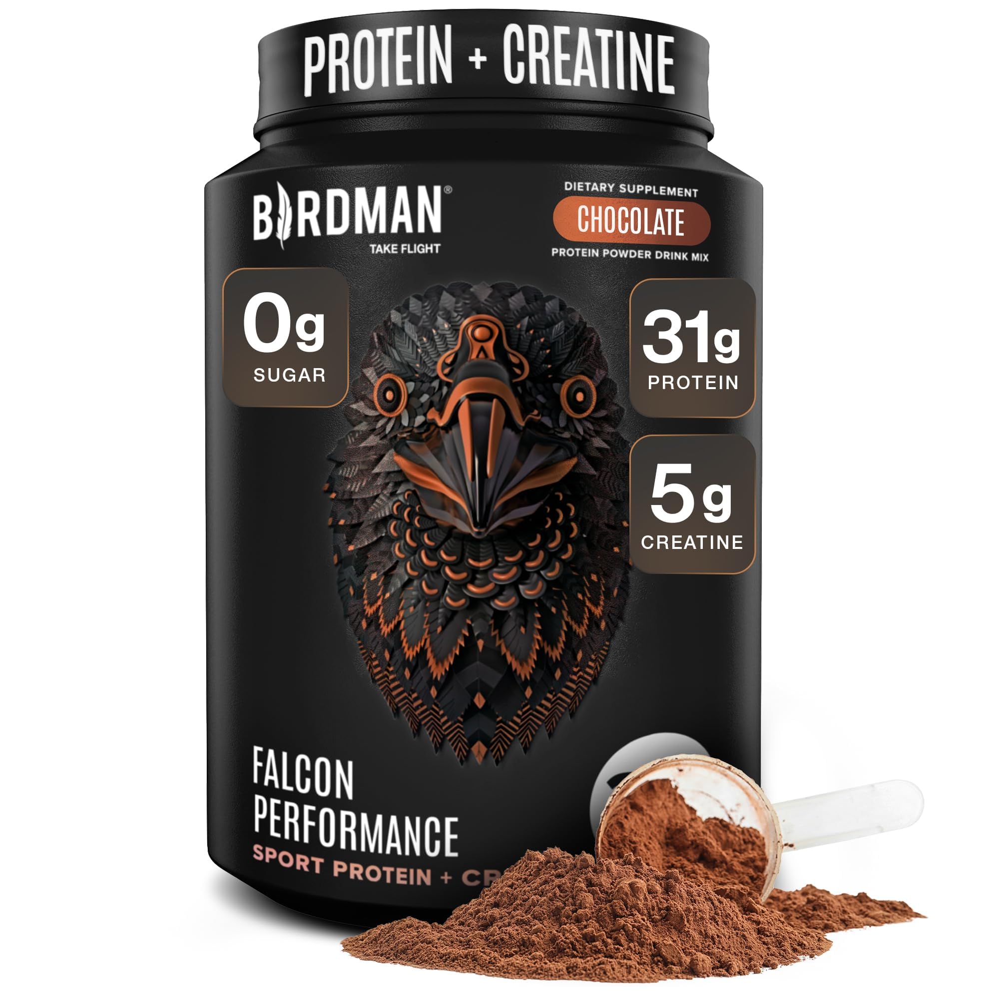 - Birdman Falcon Performance Vegan Protein Powder, 31g Protein, 5g Creatine, 5g BCAA, Probiotics, Electrolytes, Pre Workout, Low Carb, Sugar Free & Dairy Free, Plant Based Chocolate Protein -19 servings