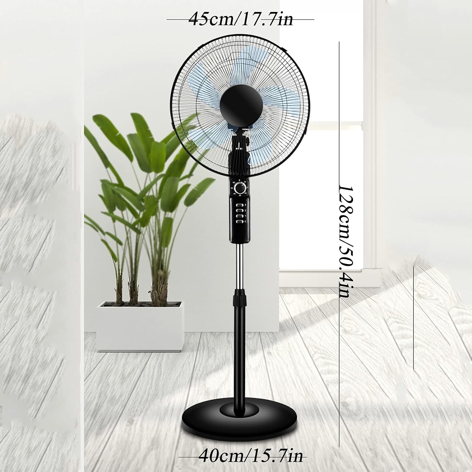 XLTTY Pedestal Fan Dimensions: 45cm (17.7in) fan head width, 128cm (50.4in) maximum height, 40cm (15.7in) base width