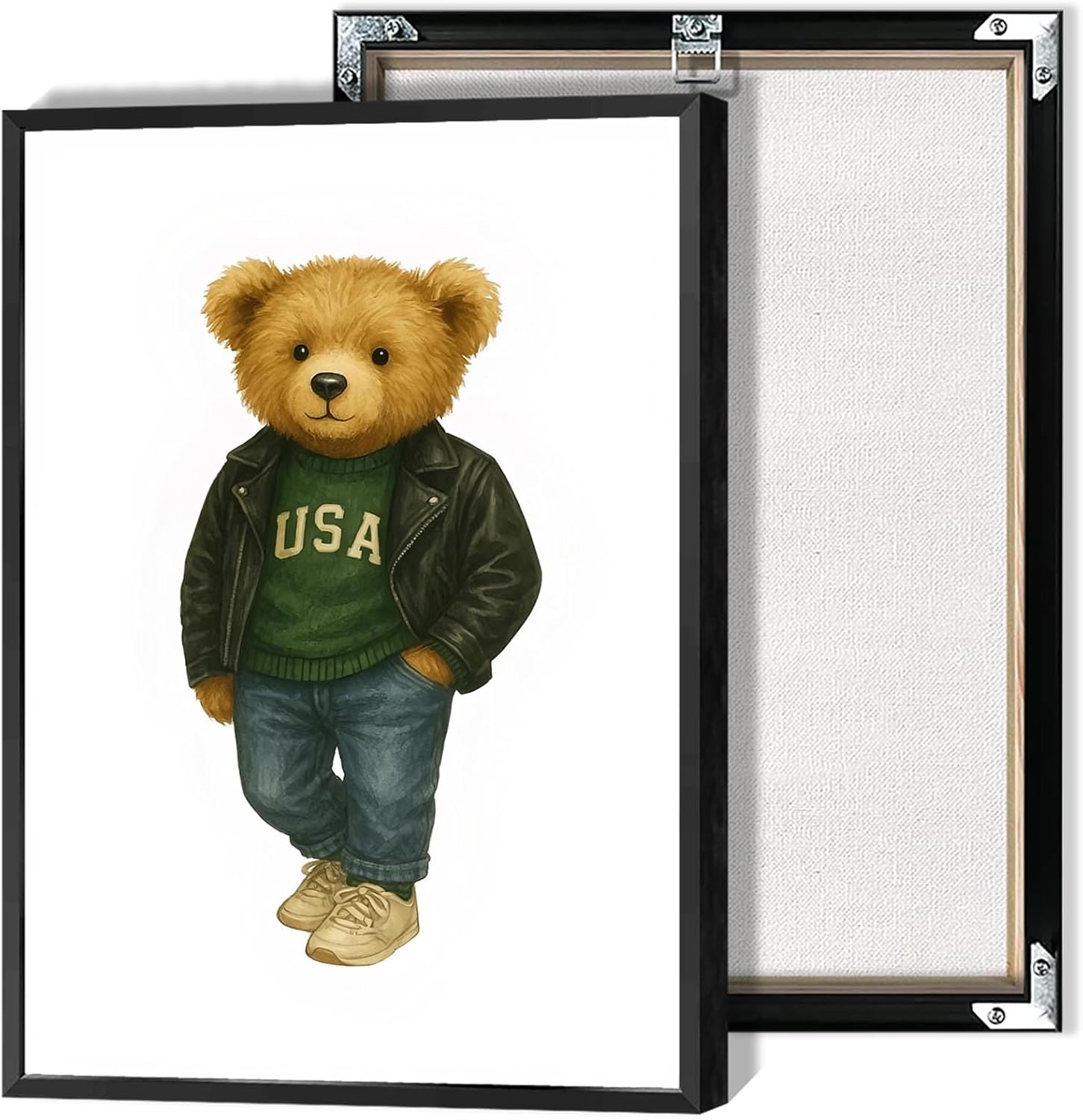 Trendy Golf Bear Poster Preppy Sports Animal Canvas Wall Art Abstract Minimalist Brown Stripes Little Bear Prints Painting For Living Room Bedroom Apartment Wall Decor 12x16in Framed