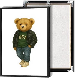 Vintage Teddy Bear Canvas Wall Art Bear In Leather Jacket And Denim Poster Minimalist Abstract Animals Magazine Prints Painting For Living Room Bedroom Apartment Wall Decor 12x16in Unframed