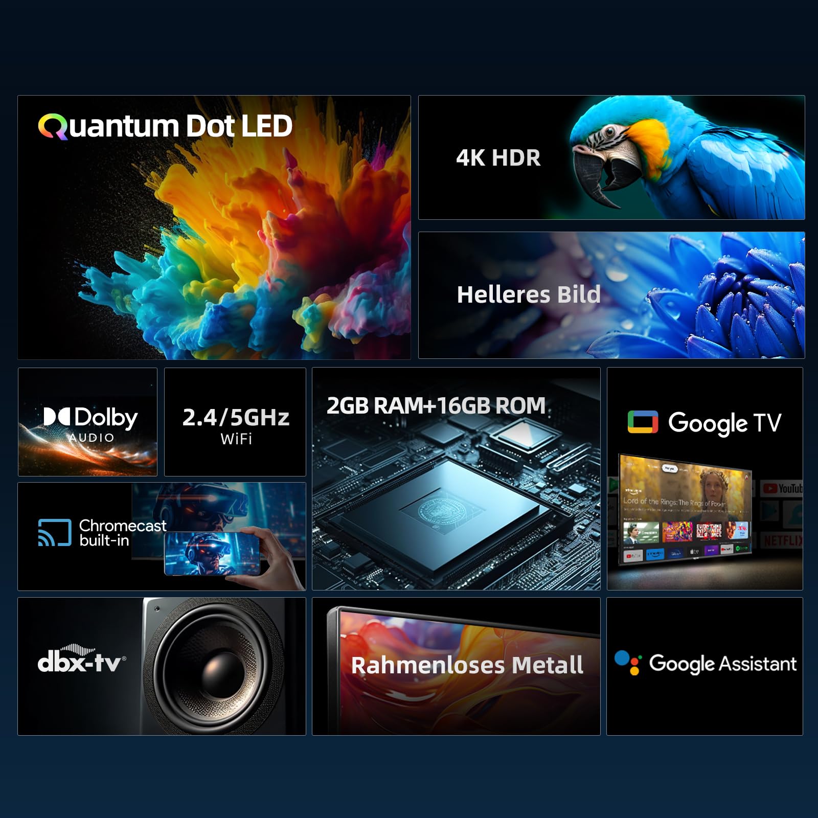 CHIQ U55QM8G 55 Zoll Smart TV, QLED UHD mit HDR, rahmenloses Metall-Design, Google TV, Dolby Audio, Triple-Tuner, 2,4G/5G WLAN, Google Assistant, HDMI 2.1, USB2.0, Modell 2023 Schwarz
