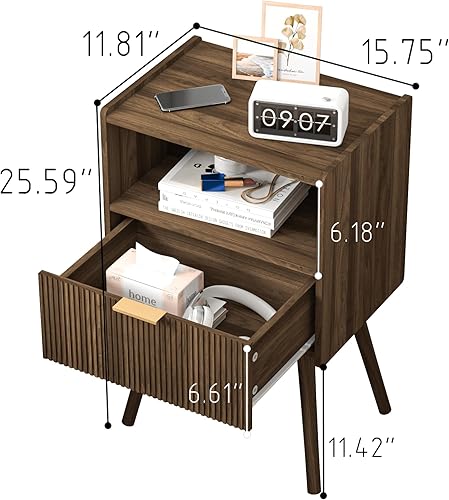 Miniatura 2 de Mesita de noche, moderna mesita de noche con cajón de almacenamiento y estante de madera abierta, para sala de estar, dormitorio y espacios Café