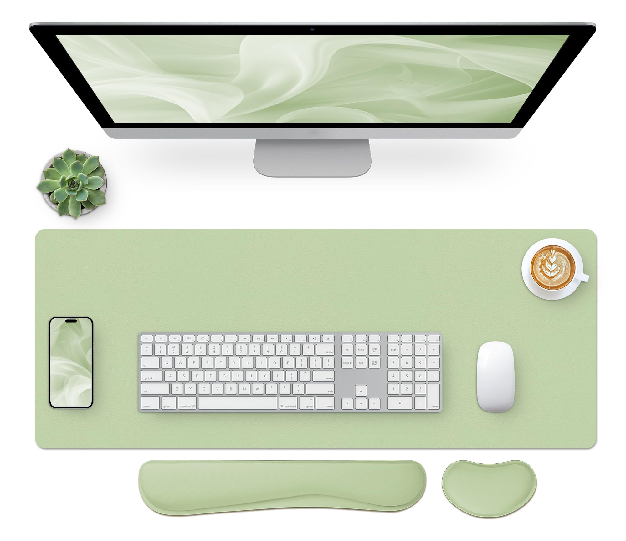 Bloss Desk Mat with Stitched Edges, 27.6" x 13.8" Green Mat + 2 Wrist Rest