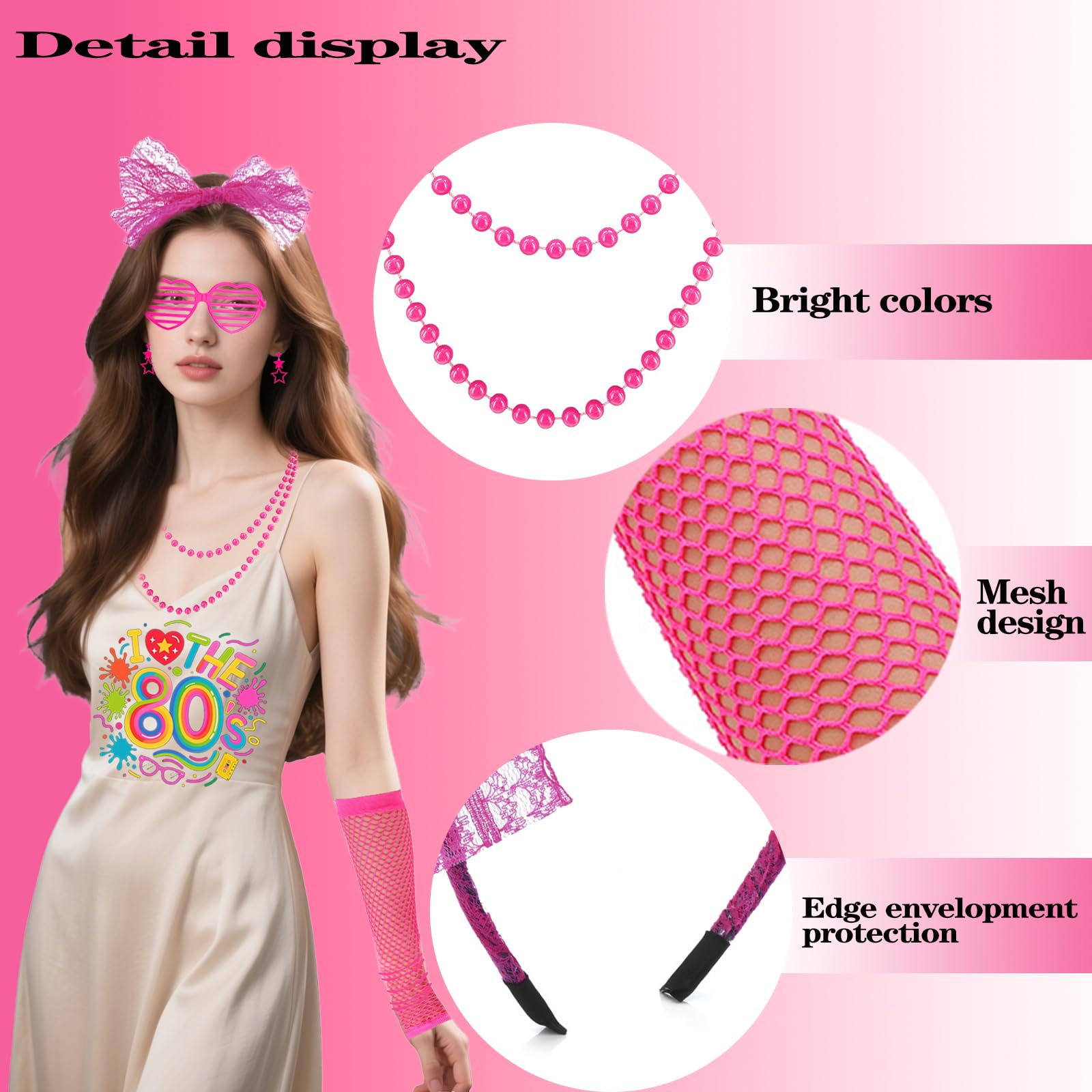DONGZQAN 18 PCS 80s Fancy Dress for Women Fancy Dress for Adults Women 80s Accessories for Women Pink Neon Light Accessories With Earrings Bracelet From The 1980s (Pink) - Image 3