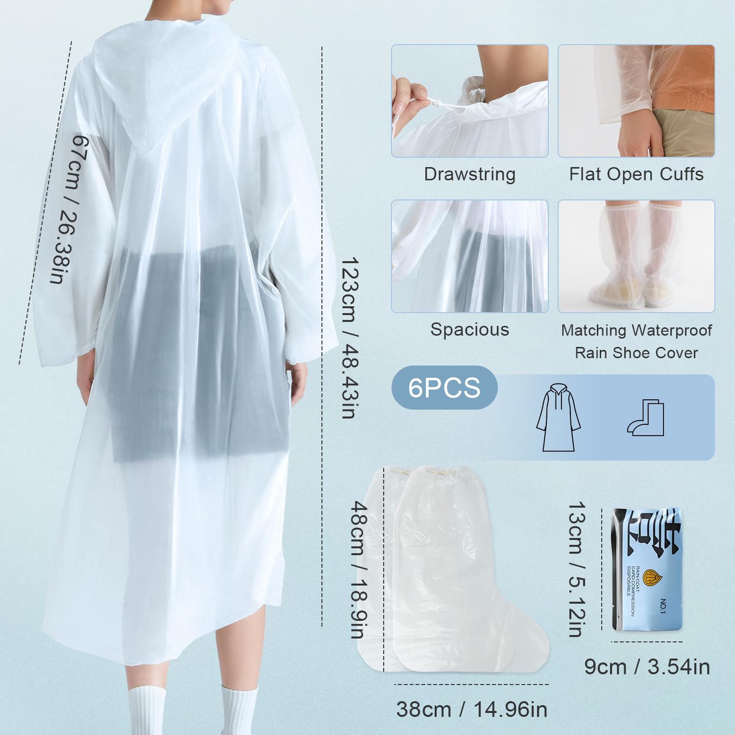EQUNROY Ponchos Family Pack - 10 Disposable Rain Ponchos with Hoods & 10 Pairs Waterproof Boot Covers(6 Set Adult & 4 Set Kids), Thicker Clear Plastic for Outdoor, Travel, Camping