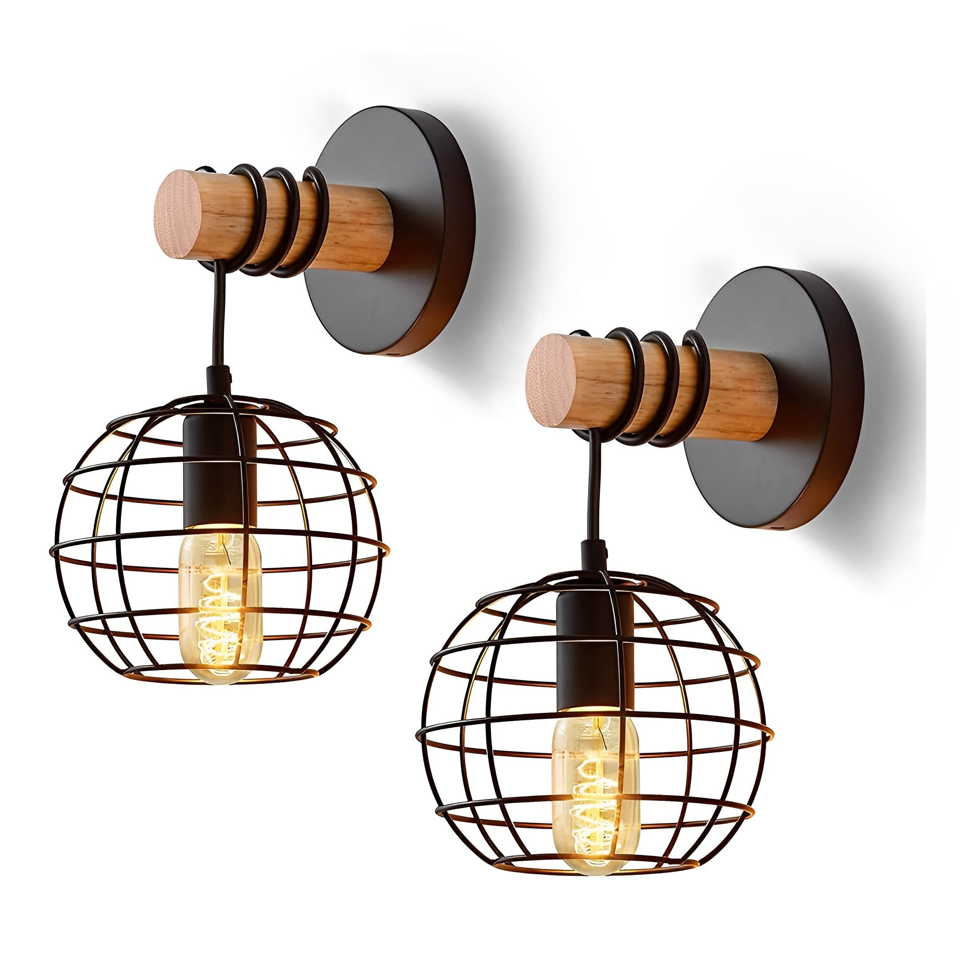 MESOVFCA Industrial Cage Wood Wall Lamp, Retro Interior Black Wood Wall Sconce Mounted Lighting Fixture E26 Base - Vintage Light Decoration for Living Room Bedroom Bedside,2pack
