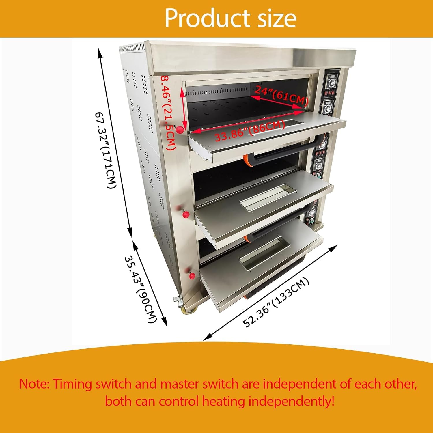 Commercial Gas Pizza Oven 3 Deck 6 Pan Countertop Gas Heated Pizza Oven with Casters 300W Stainless Steel for Pizzerias, Restaurants, Bakeries 110V