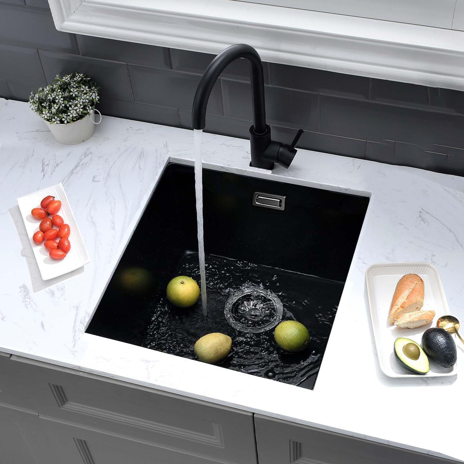 Lavello da Cucina 45 x 45 cm, Lavandino Cucina in Granito, iAnomla Nero Vasca Singola da incasso adatto per mobili sottolavello da 45 cm di larghezza, Lavabo Cucina Nero con Sifone, Moderno