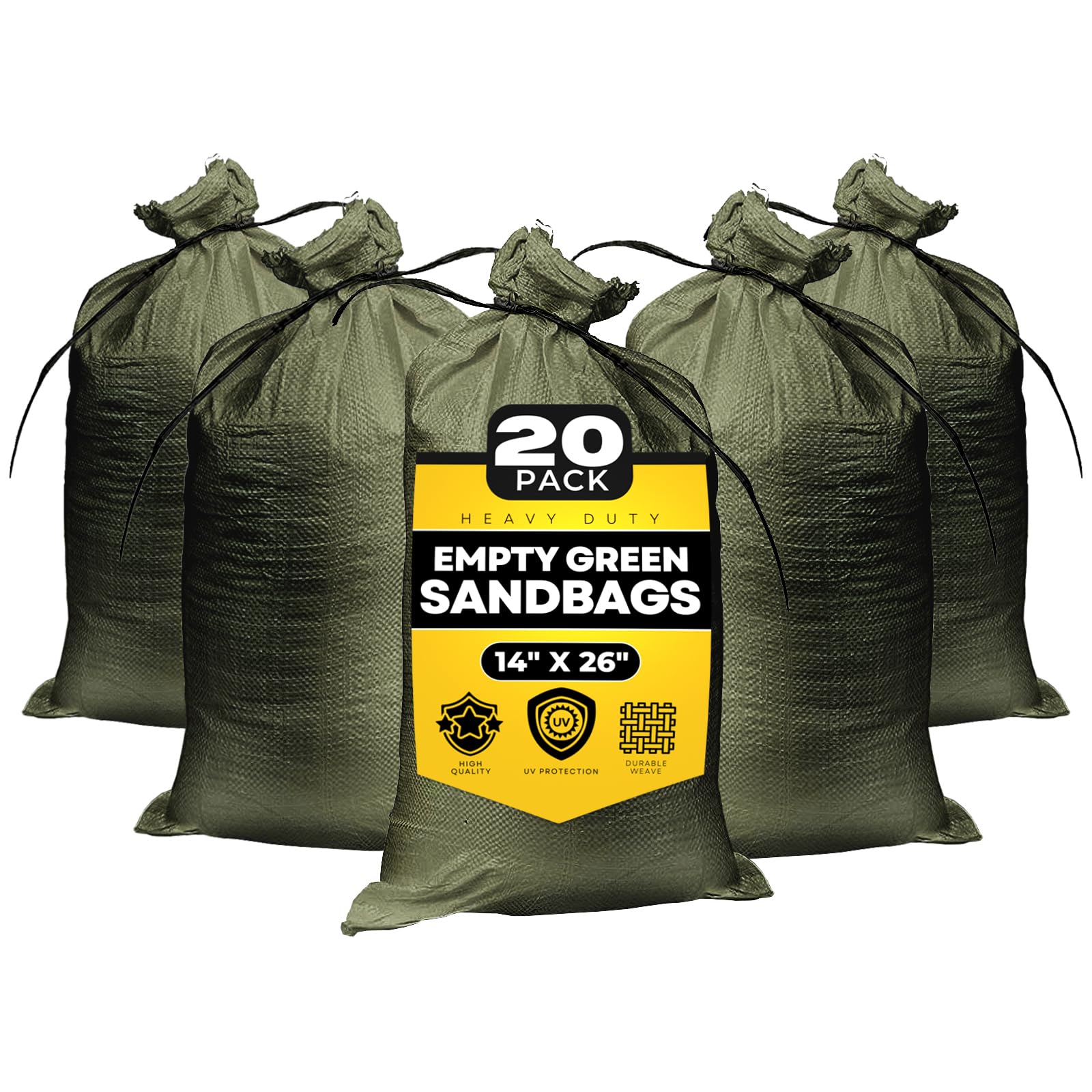 Tapix Empty Sandbags Military Green with Ties (Bundle of 20) 14" x 26" - Woven Polypropylene Sand Bags, Extra Heavy Duty Sandbags for Flooding, Sand Bags Flood Protection