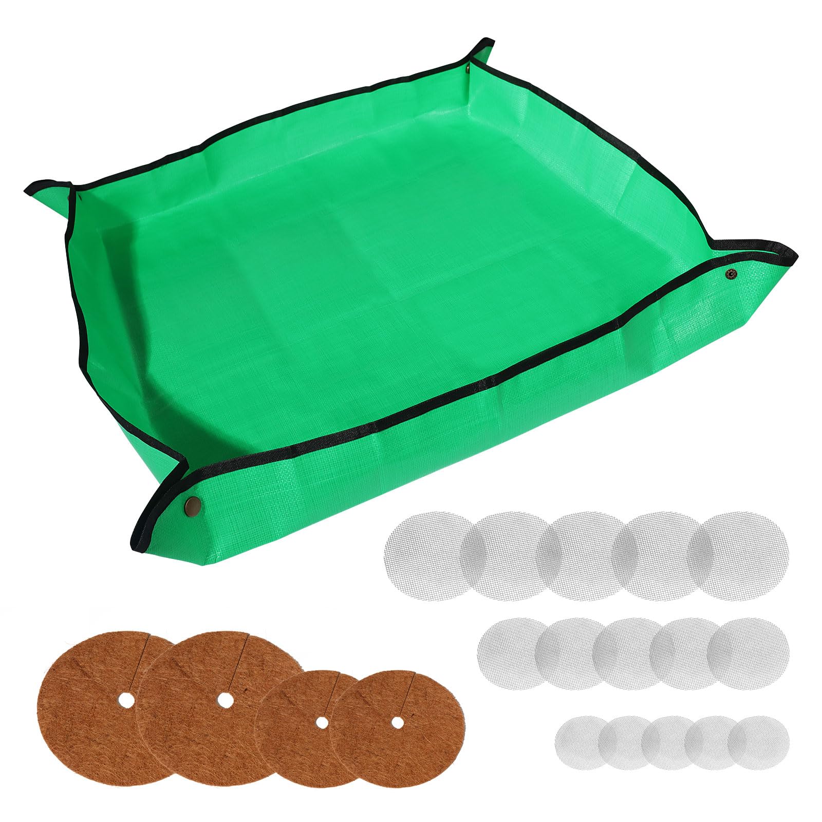 LitKiwi 26.8"x26.8" Repotting Mat & 15PCS Flower Pot Hole Mesh Pads & 4PCS Ring Protector Mats,for Indoor Garden Transplanting and Soil Mess Control, Foldable and Water Resistant