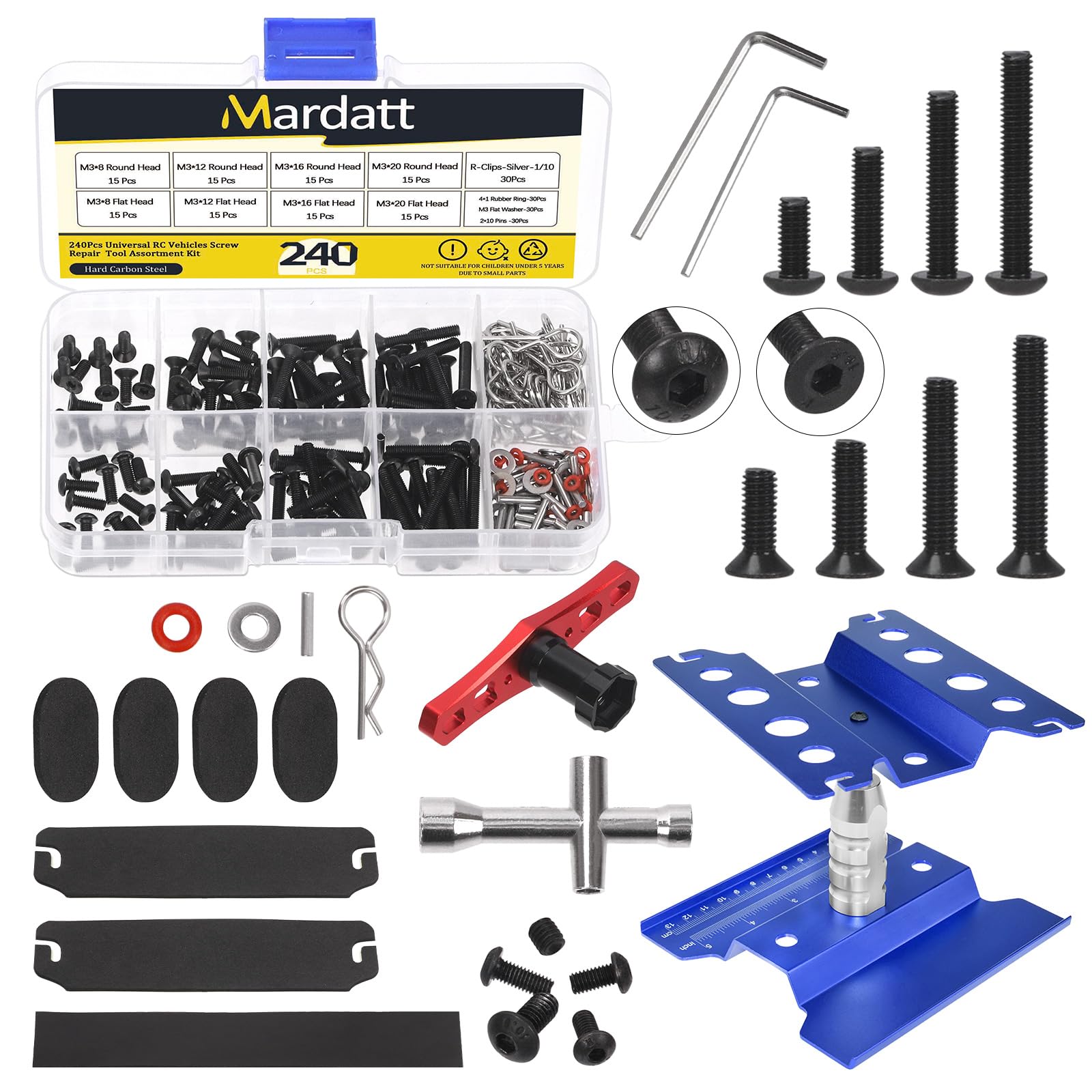 Mardatt 243Pcs RC Car Repair Work Stand Set Includes 360 Degree Rotation Lift Lower, Screw Set and Hex Wheel Wrench, Aluminum Alloy Workstation Kit for 1/8 1/10 1/12 Scale Cars Trucks