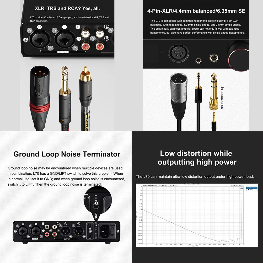 TOPPING L70 Amplificatore per Cuffie NFCA Bilanciato Completo Preamp, 7500mW*2, XLR/TRS/RCA Hi-Res Audio Amplificatore per Cuffie con Uscita XLR/4.4mm/6.35mm per IEMs/Cuffie/Auricolari (Argento)