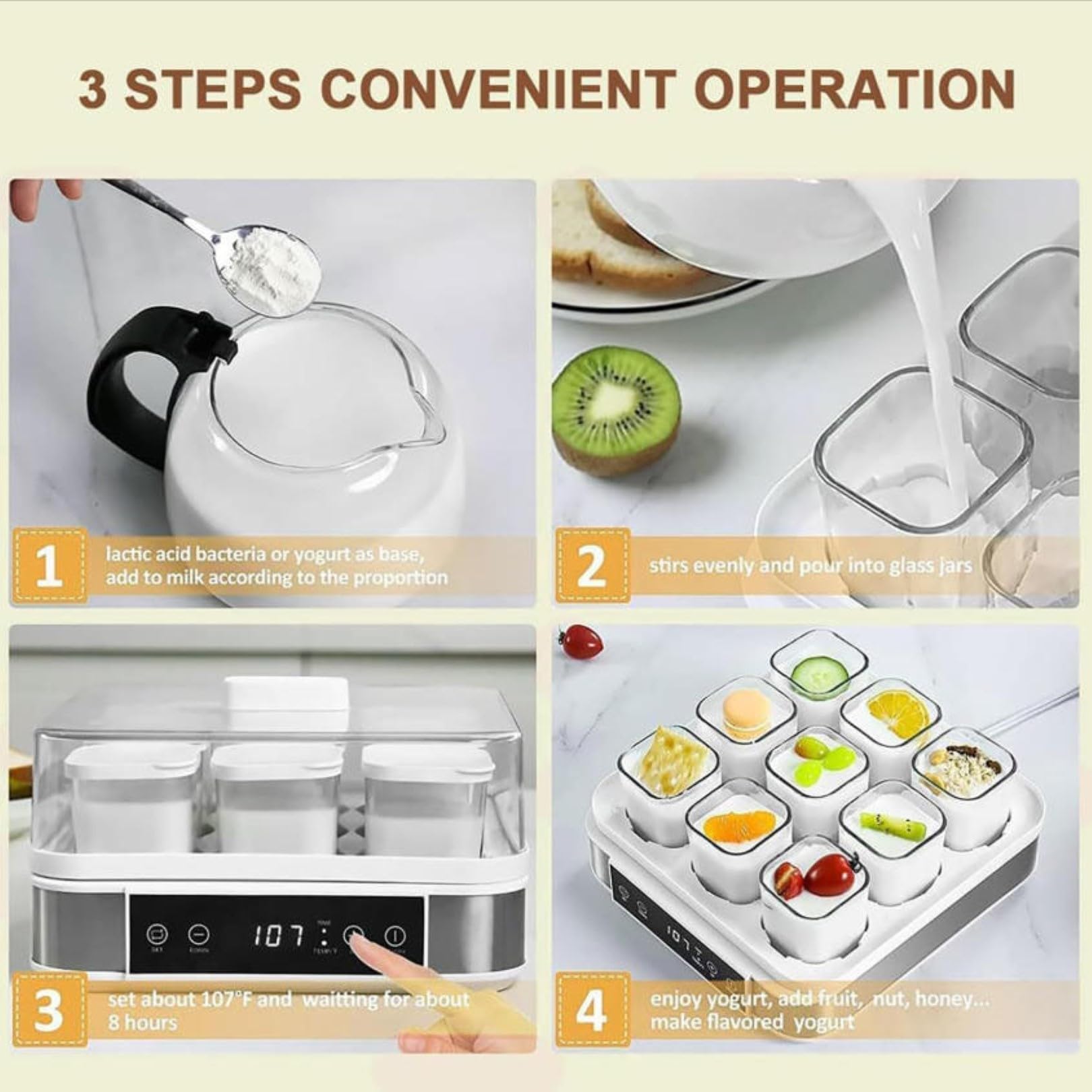 Máquina automática de yogur eléctrica multifunción con 9 tarros, acero inoxidable, control de temperatura, hecha para yogur orgánico en el hogar