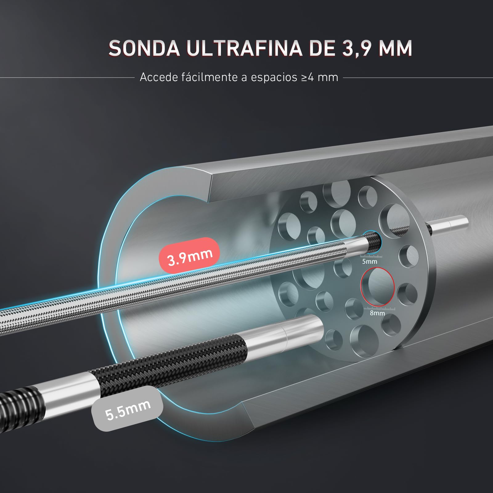 Ralcam Cámara Endoscópica con Luz, Cabezal Giratorio de 210°, Sonda de 3.9 mm, Pantalla HD de 5", IP67 Impermeable, Cable de Acero 1,5 m, Cámara de Inspección para Coche, Tuberías y Hogar