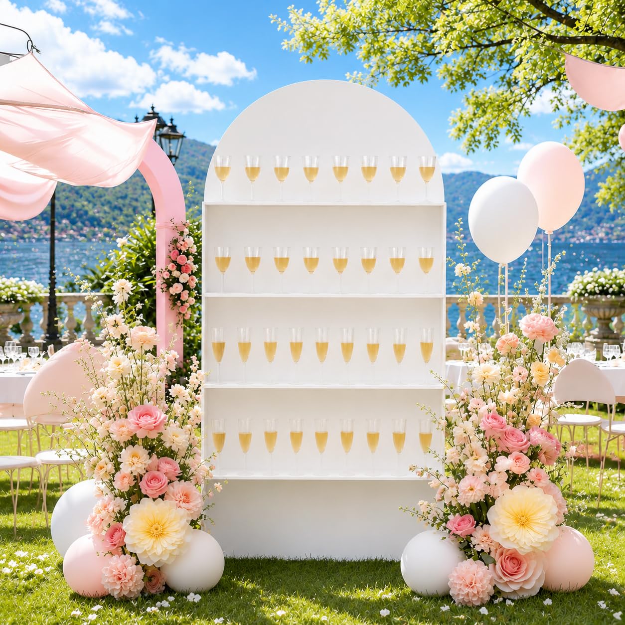 Photo 1 of Sicrifety 5.9 ft 4-Tier Champagne Wall Holder, Wedding Arch Backdrop Stand with Shelves,Party Display Arch for Ceremony Baby Shower Birthday Bridal Party Event Decoration