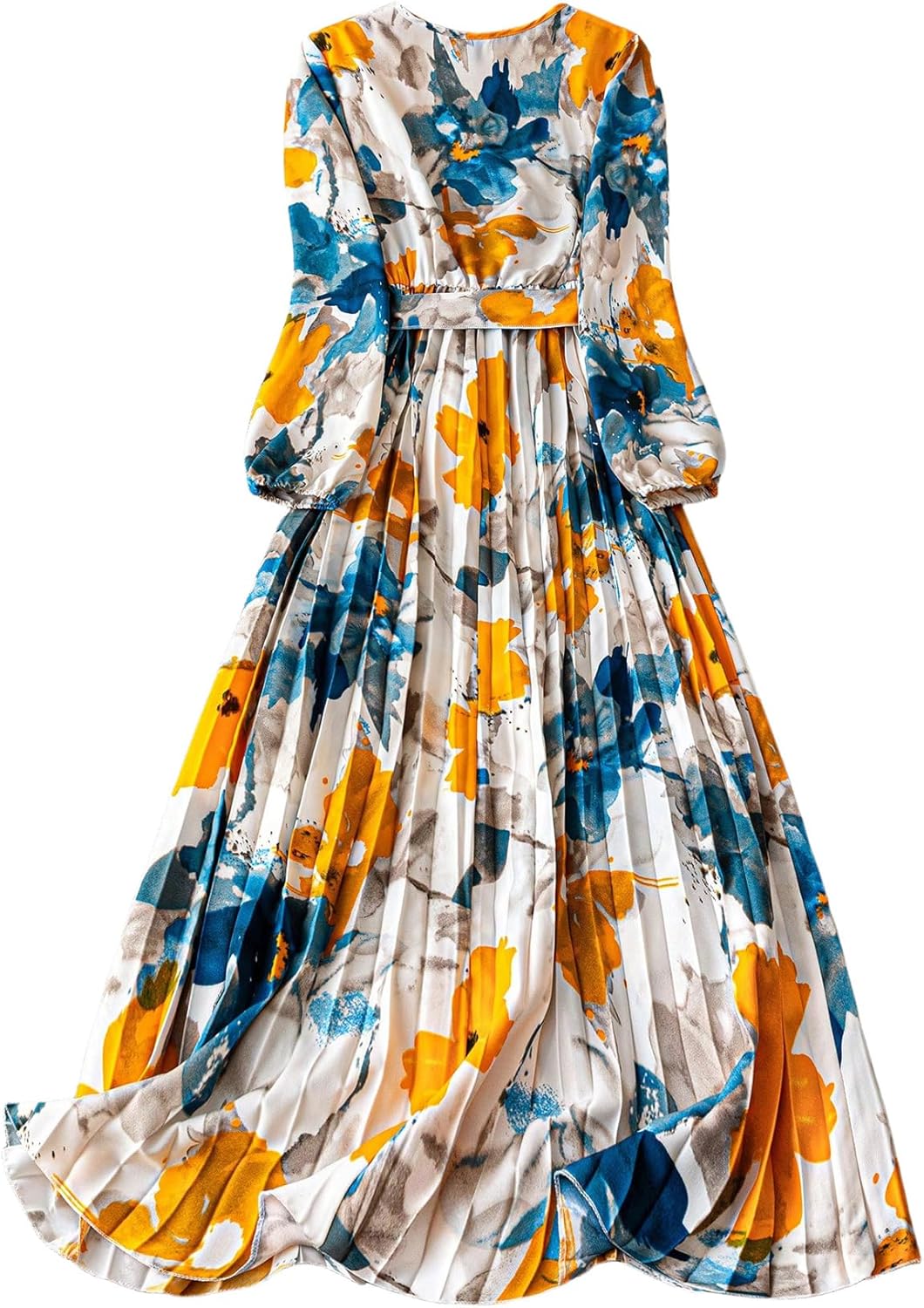 Floerns Women's Floral V Neck Dress Pleated Front Long Sleeve Belted Maxi Dresses - Image 2