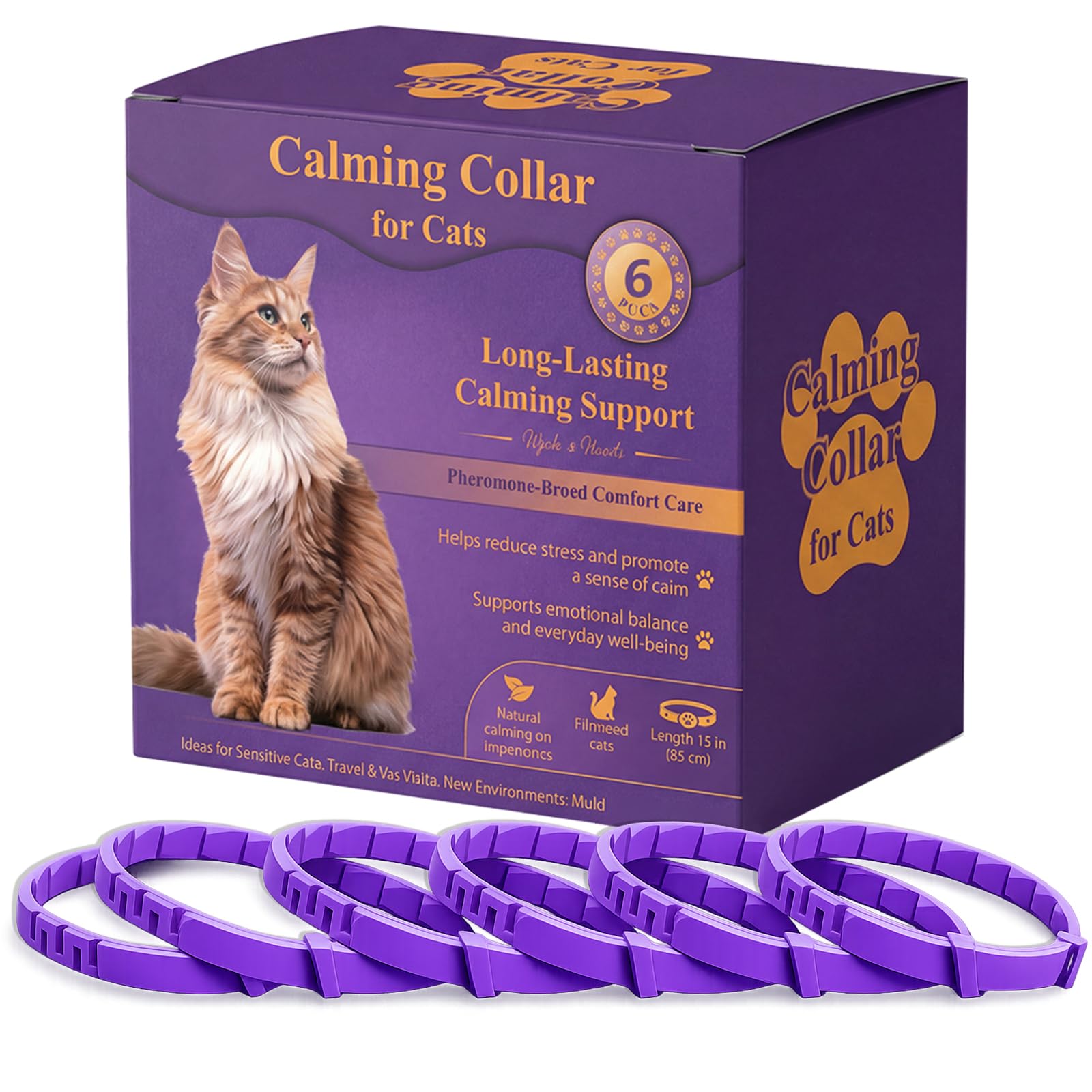 Cat Calming Collar, 6-Pack Pheromone Collars for Cats – Adjustable 15″, Up to 4 Weeks Lasting Stress & Anxiety Relief, Helps Reduce Noise Fear, Scratching & Separation Anxiety（Pruple）