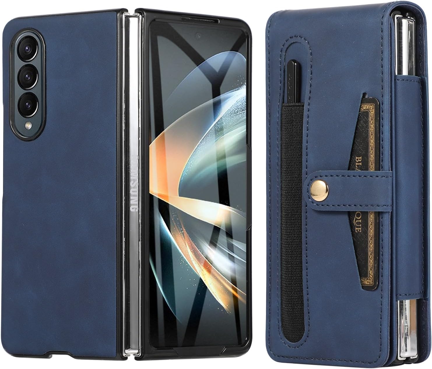 Flip Holster Phone Case for Samsung Galaxy Z Fold 4 Case with Screen Protector Cell Phone Holsters with Belt Clip, Metal Clip, Pouch Holder Case with S Pen & Pen Holder(Blue)