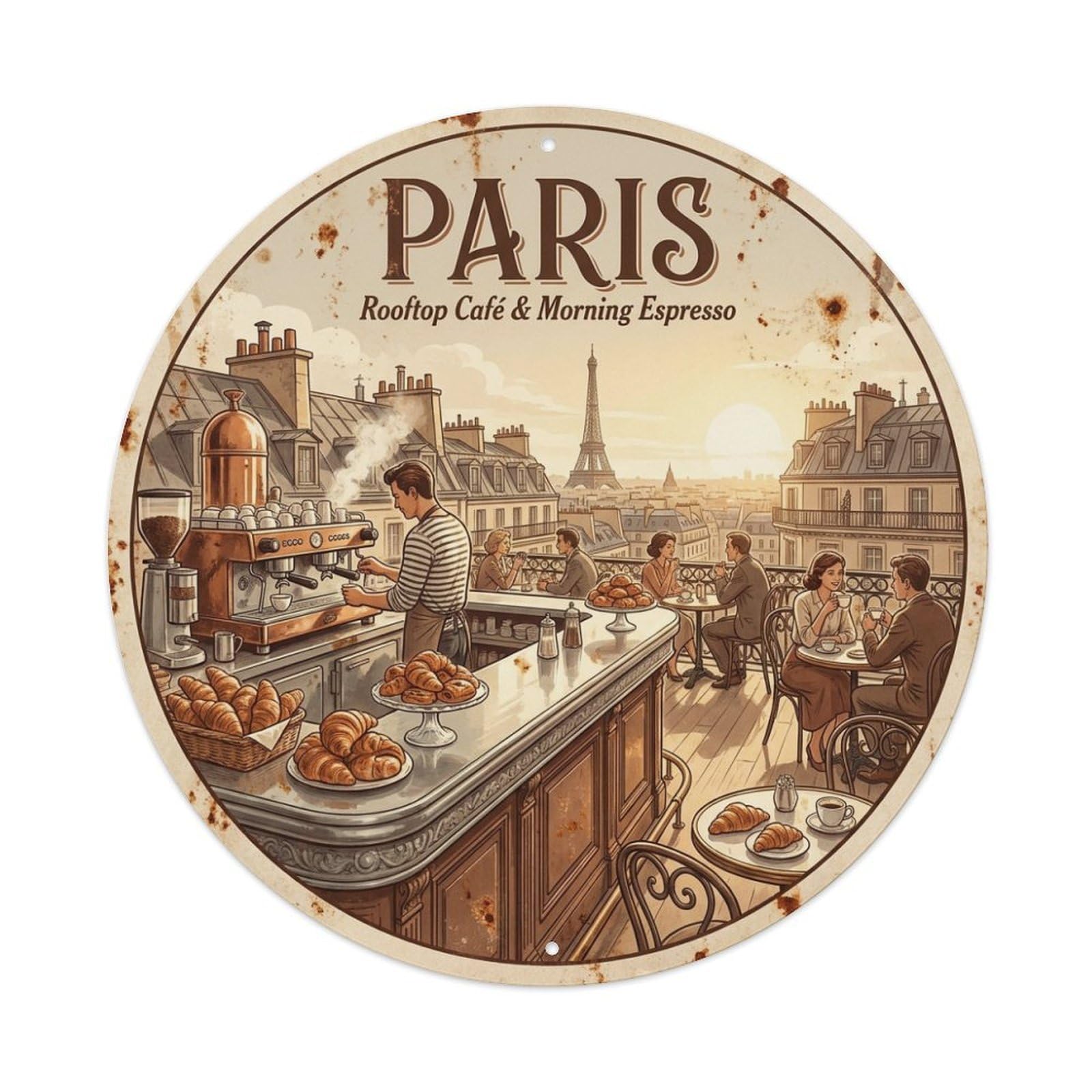 Rooftop Cafe Morning Espresso Paris Cuisine Travel Metal Tin Sign