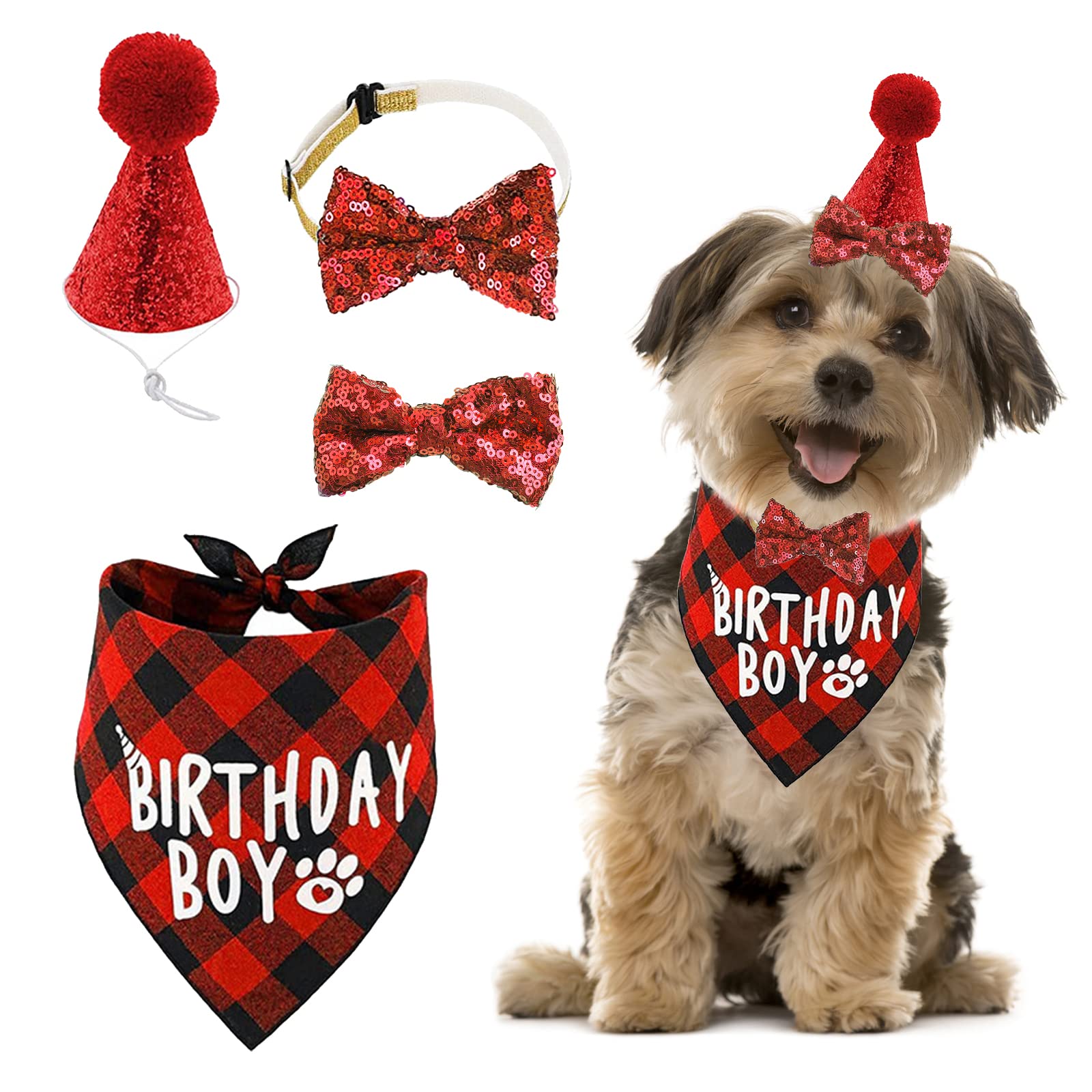 URROMA Dog Birthday Bandana Hat Bowtie Hairpin Set, 1 Set Red Classic Plaid Birthday Decor Pets Triangle Scarfs Hat Tie and Hairpin for Pet Puppy Cat