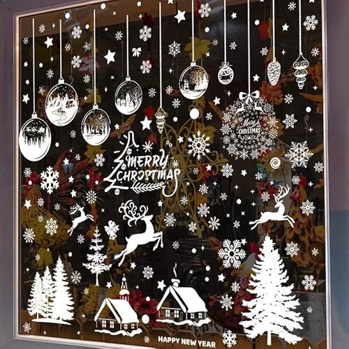 Lot de 9 autocollants de fenêtre de Noël autocollants pour fenêtre de Noël Motif rennes de Noël Réutilisables en PVC pour portes, vitrines, façades en verre Noël Décoration d'hiver Cover