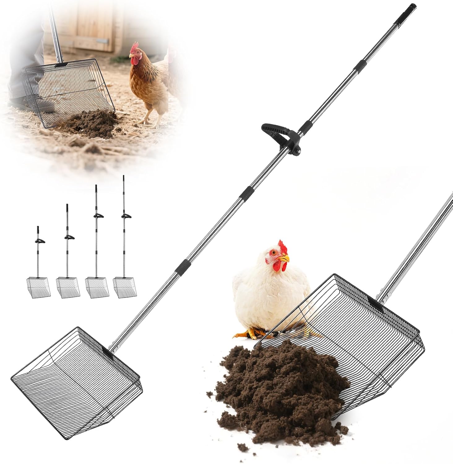 15inch Large Chicken Poop Scooper with Ergonomic Grip, 5 in 1 Adjustable Chicken Coop Pooper Shovel (24 to 76.5"), Stainless Steel Litter Sifting Shovel Scoop for Chicken Coop/Goat Stall/Stable