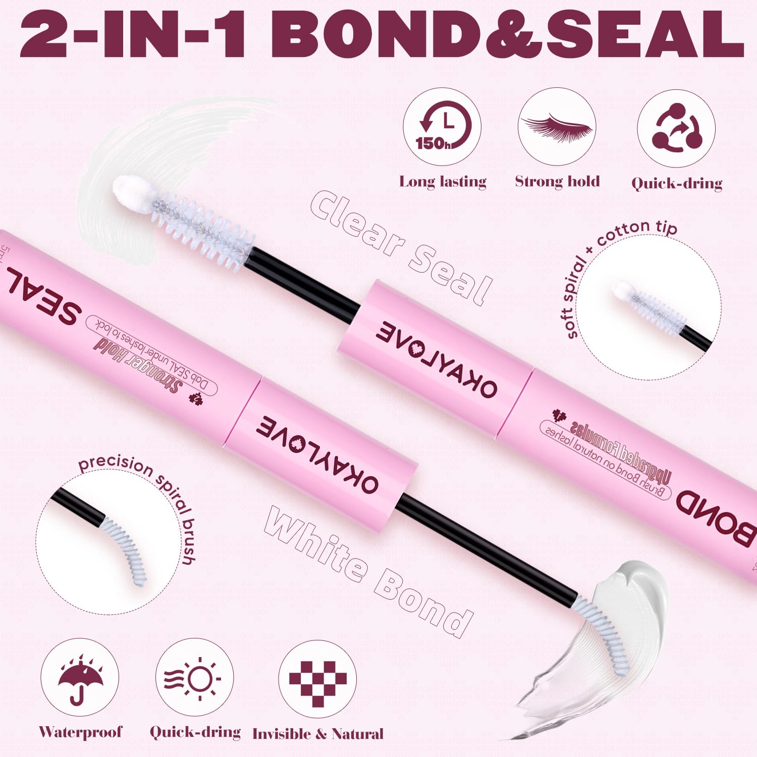 OKAYLOVE Lash Cluster Glue, Waterproof Lash Bond and Seal Lash Glue for Eyelash Clusters, 150H+ Strong Hold 2-in-1 White Eyelash Extension Glue, Quick-Drying, Non-Irritating