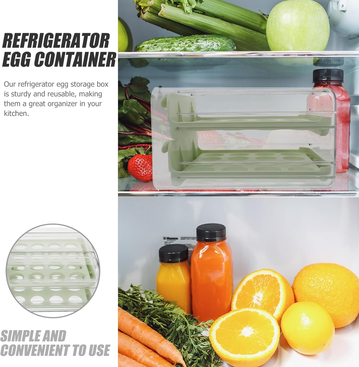 Refrigerator Egg Holder Drawer Stackable Plastic Egg Storage Container Lid for Kitchen Sturdy for Fridge Capacity