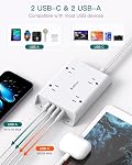 Addtam Barres de puissance avec protecteur de surpression, 5FT Cord d'extension plat avec sorties multiples, bande de puissance avec 4 USB Ports (2 USB C), 4 Grandes sorties Station de recharge pour le bureau intérieur Salle de dortoir Essentiels