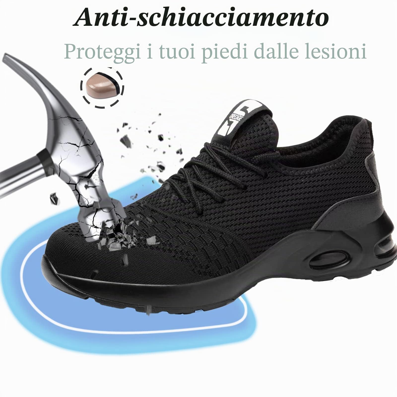 Scarpe Antinfortunistiche Uomo Donna Leggere Scarpe da Lavoro con Punta in Acciaio Traspiranti Antiscivolo Scarpe Sportive di Sicurezza 08 Puro Nero EU 43