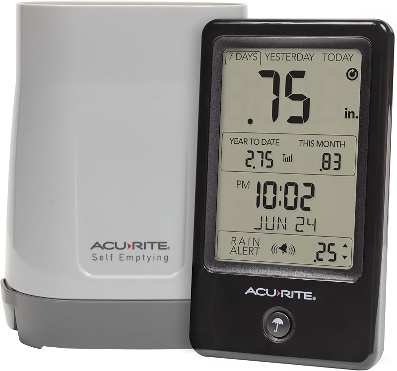 AcuRite Pluviómetro inalámbrico con recolector de lluvia autovaciable con historial de precipitaciones, alertas y fecha y hora actuales (02446M)