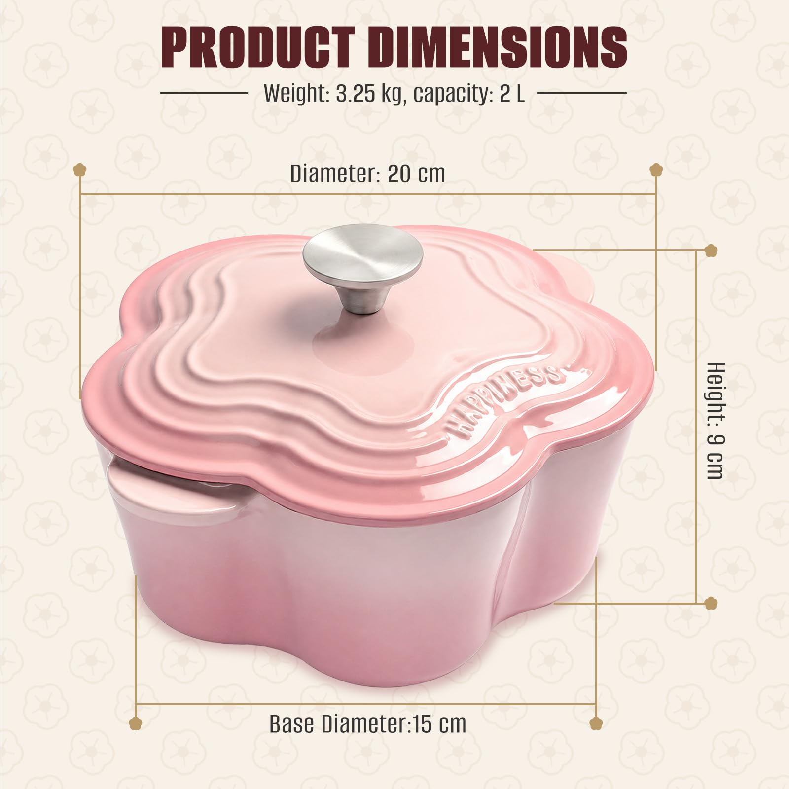 Cocotte à pain en fonte émaillée avec couvercle en forme de fleur pour induction et four, compatible avec différents types de plaques de cuisson, rose