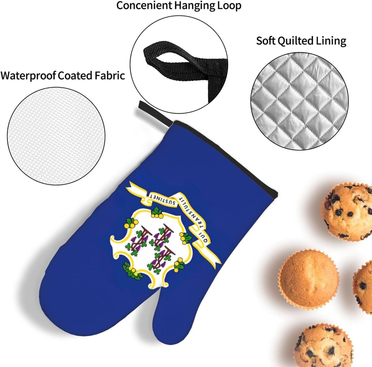 Connecticut State Flag Kitchen baking three piece set/oven gloves, fit for cooking, baking, steaming, and grilling