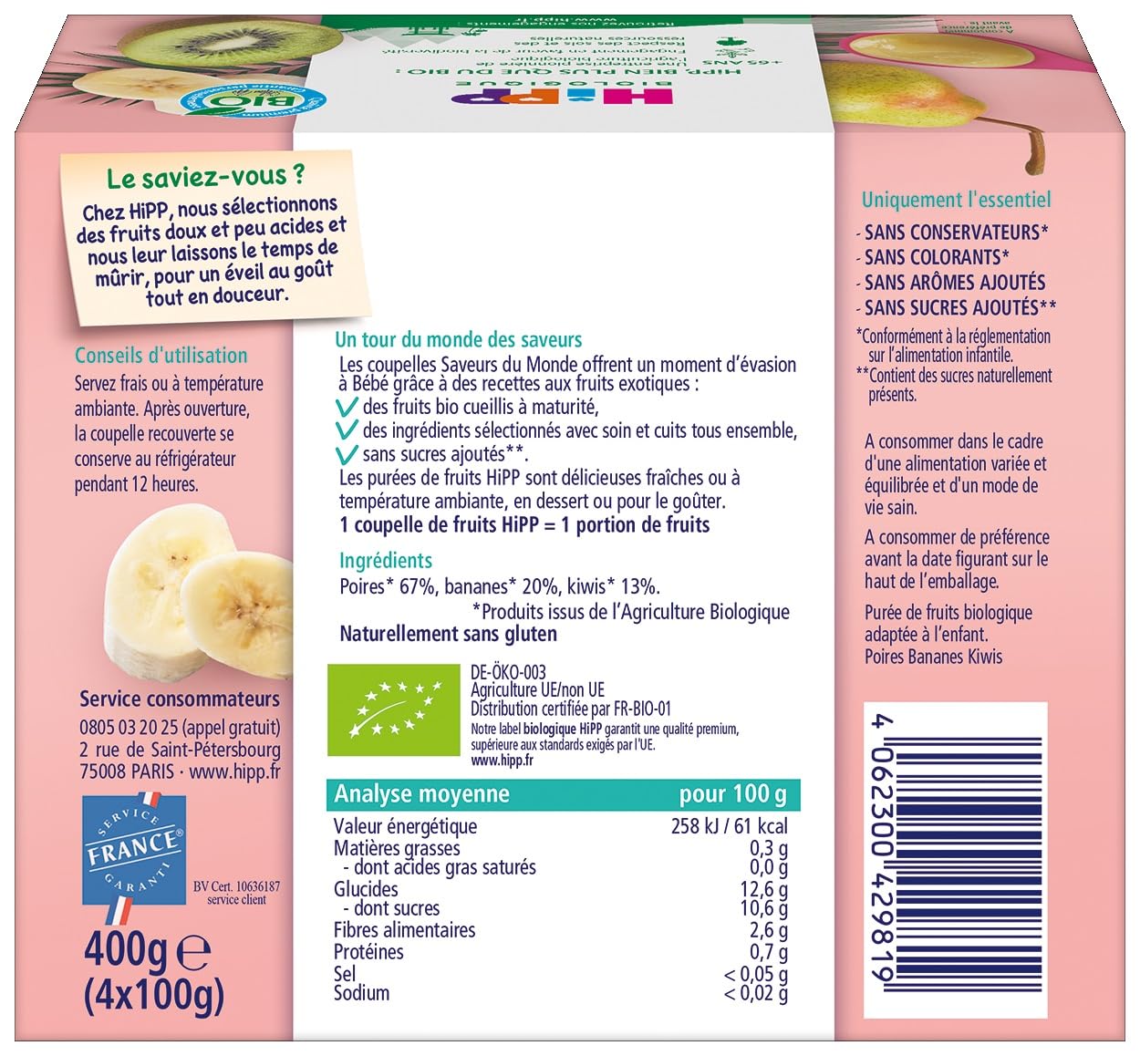 HiPP - Saveurs du Monde - Poires Bananes Kiwis Coupelles - 4x100g - BIOLOGIQUE