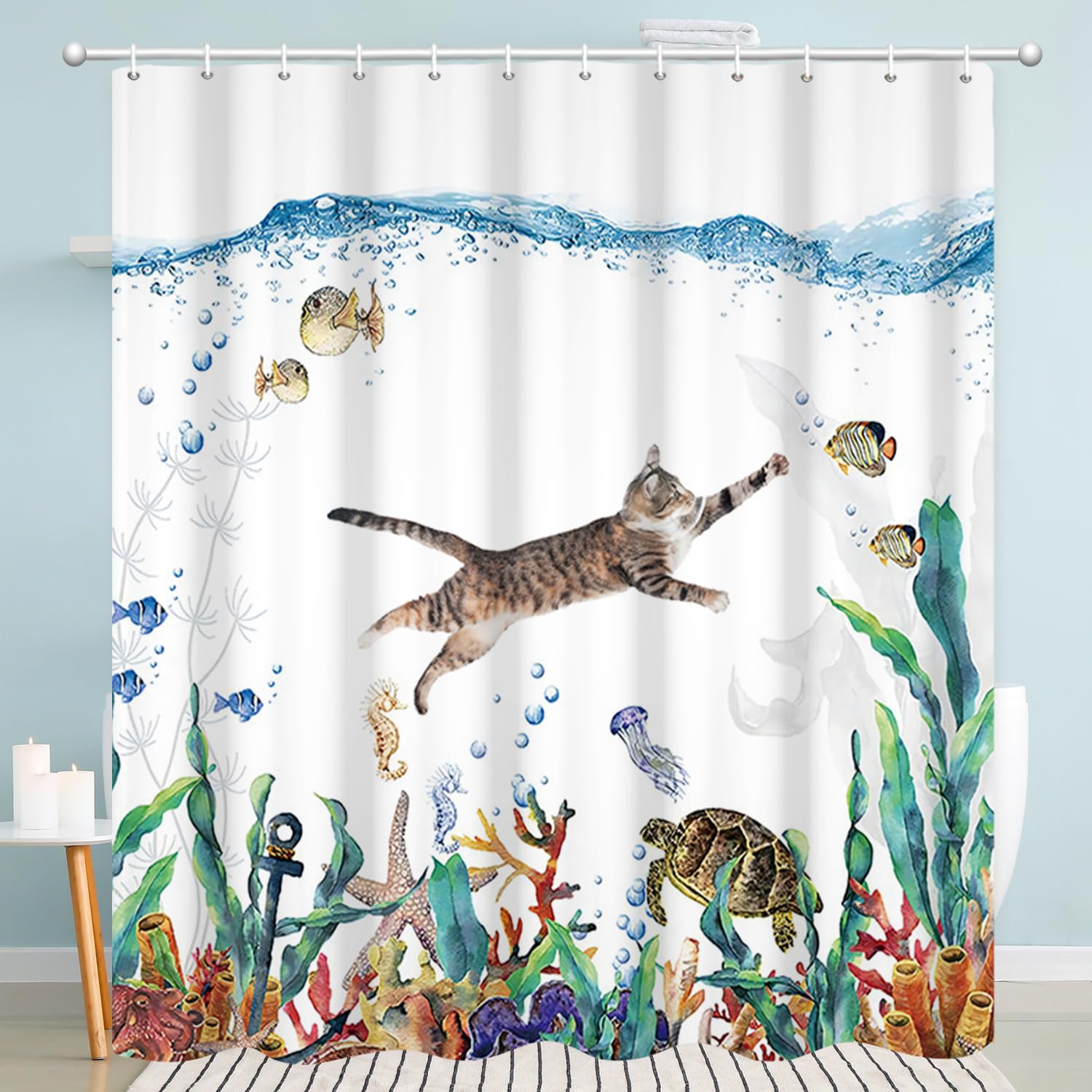 GCIREC Shower Curtain, 90x180cm, Abstract Cute Cat Funny Kitten Swimming in Ocean Tropical Sea Turtle Starfish Waterproof Fabric Machine Washable Bathroom Curtain with Hooks — image 1