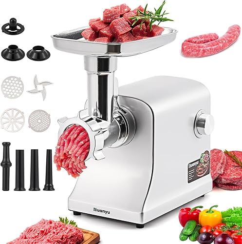 Huanyu Picadora de carne eléctrica de 2800 W Max con acero inoxidable, 2 cuchillas y 3 platos, 3 rellenos de salchichas, kits Kubbe máquina de