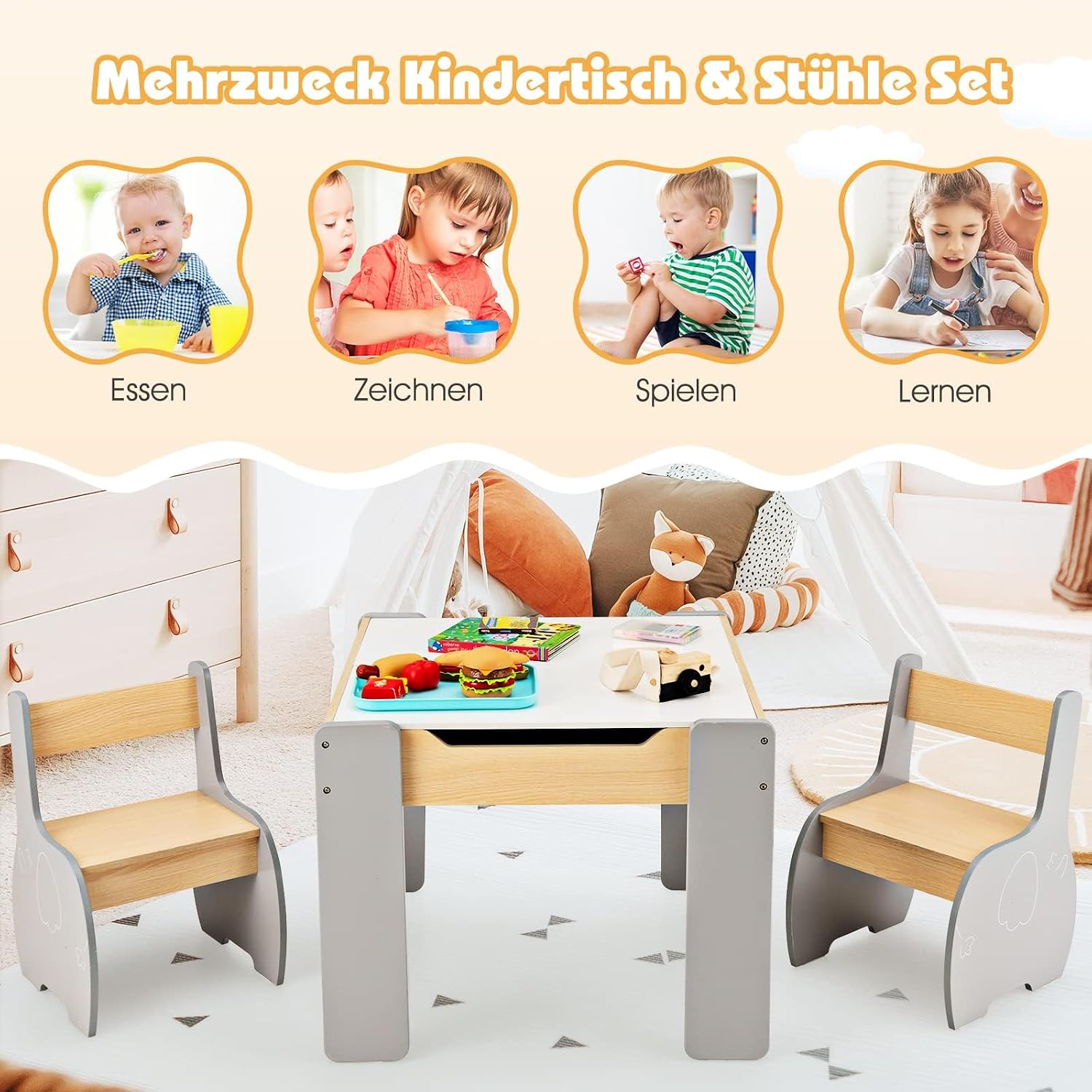 COSTWAY Stół dziecięcy z 2 krzesłami 3-częściowy zestaw mebli do siedzenia dla dzieci z drewna z odwracalnym i zdejmowanym blatem stół do malowania dla dzieci z miejscem do przechowywania meble