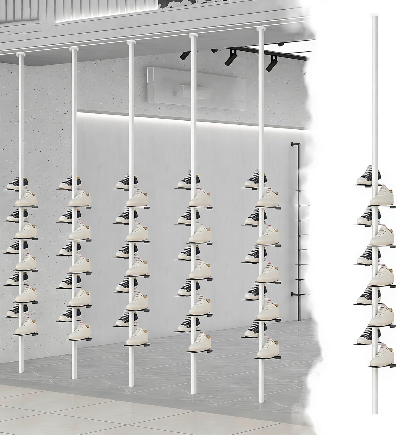 8 Tier Metal Shoe Rack Organizer with Adjustable Tray, Anti-Slip Vertical Sneaker Storage Shelf Floor to Ceiling, Heels Retail Display(White,190cm/75in/6.2ft)