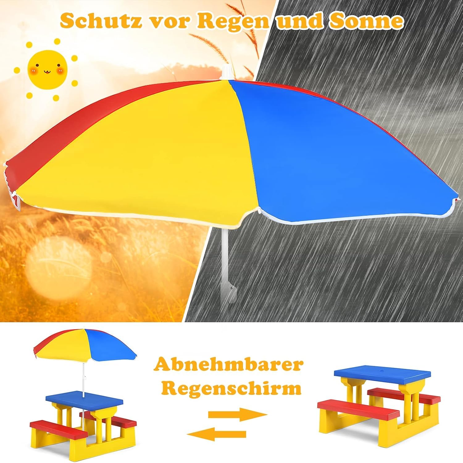 GOPLUS Kindersitzgruppe Outdoor, Picknicktisch mit Sonnenschirm, Picknickset mit Tisch & 2 Sitzbänke, Kinder Gartenmöbel, Sitzgruppe wetterfest, Kindermöbel für Garten & Hinterhof (Rot-Blau-Gelb)