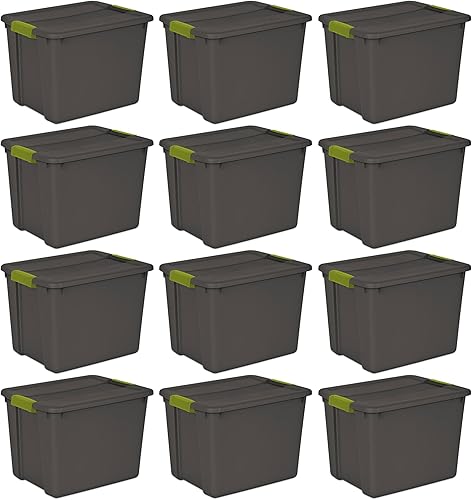 Sterilite Contenedor rectangular de plástico con pestillo de 12 galones con tapa indexada y asas moldeadas verdes para organización del hogar, gris,