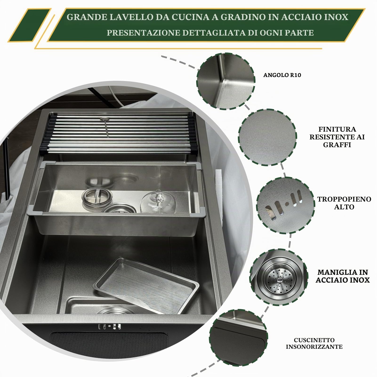 Lavello da cucina rettangolare 90 x 50 cm, in acciaio inox 304, 1 lavandino da incasso, con lavello interno di ricambio e tagliere, lavabo, moderno lavello in acciaio inox con scolapiatti e sifone