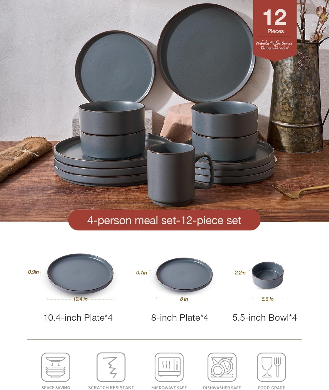 Famiware Nebula Ridge Stoneware Dinnerware Sets, Plates and Bowls Sets for 4, 12 Pieces Dishes Set, Microwave and Dishwasher Safe Kitchen Plates, Charcoal - Image 2