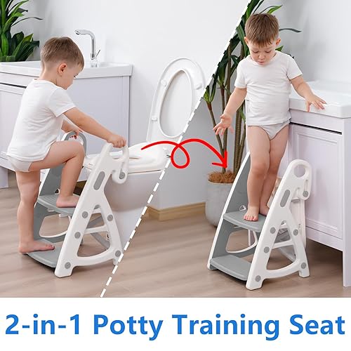Miniatura 9 de Asiento de entrenamiento para ir al baño asiento de baño 2 en 1 para inodoro y cuarto de bebé, taburete para fregadero con escalera ajustable en