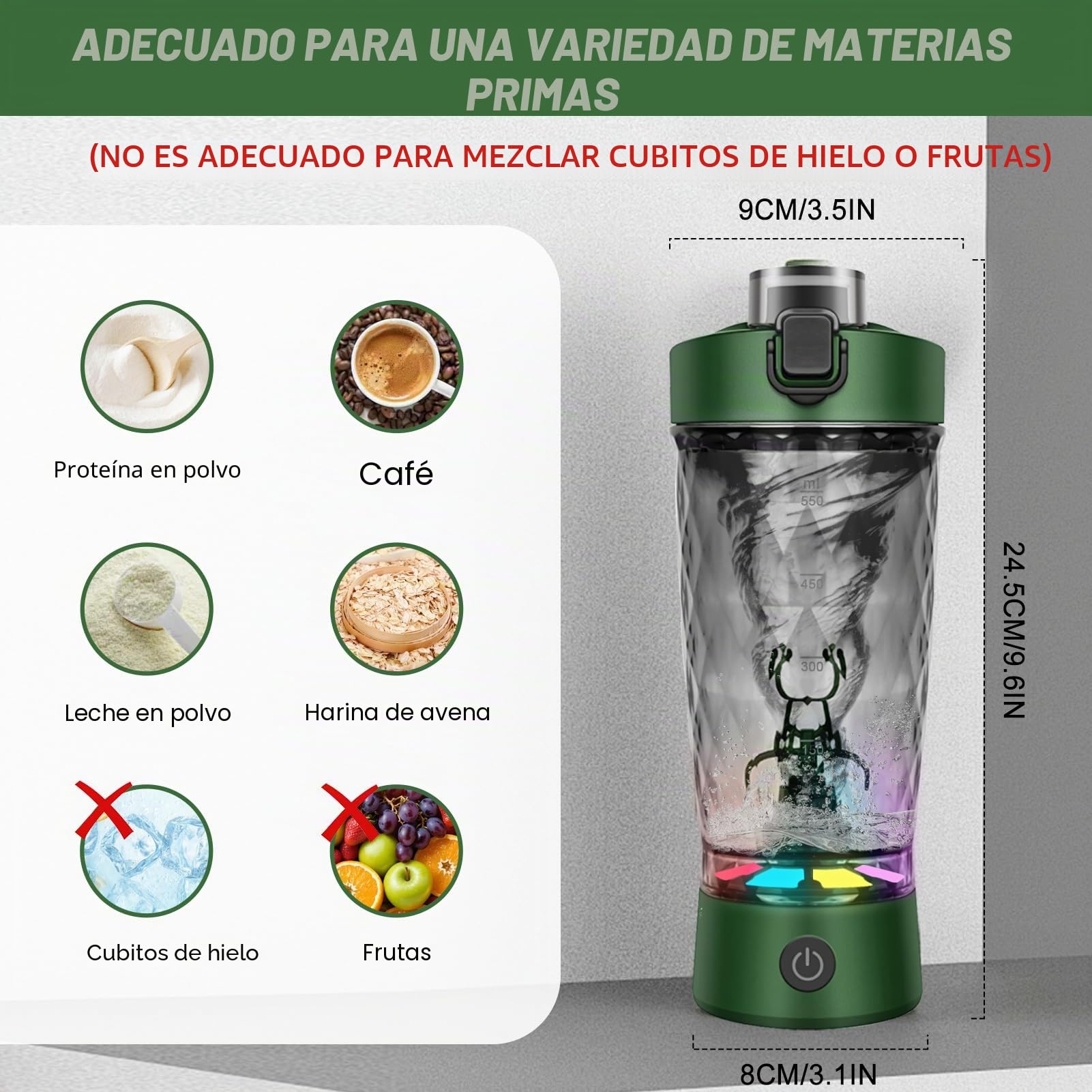 SOARFLY Mezclador de proteinas electrico 650ml shaker proteinas con compartimento para polvo, shaker bottle recargable con USB C para polvo y batido de leche, sin BPA, verde oliva