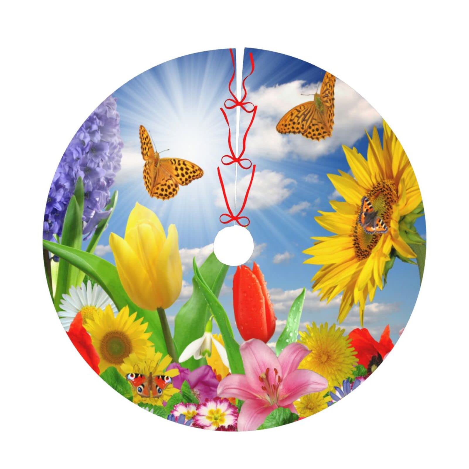 Butterflies Christmas Tree Skirt for Xmas Holiday Party Supplies Large Tree Mat Decor, Spring Summer Butterfly Sunflower Tulip Flowers Ornaments 30