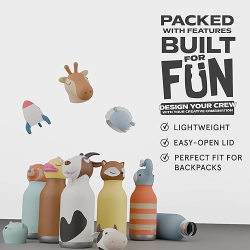 Miniatura 4 de Asobu Bestie - Botella de agua aislada de acero inoxidable con cabeza de animal suave desmontable, bebida divertida para niños y adolescentes con