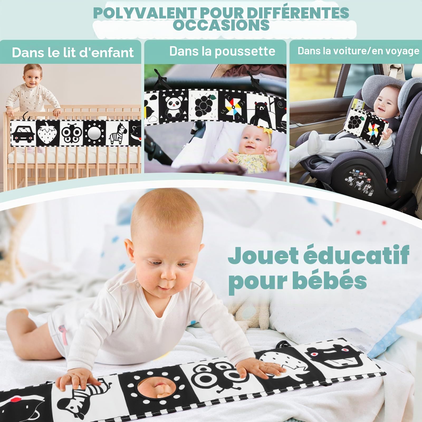 BBWOO Livre bébé 0-12 Mois, Livre Noir et Blanc bébé sensoriel Montessori, Jeux et Jouet d'éveil pour Tummy Time, Pliable et Lavable, avec Anneau Dentition et Miroir, Un Cadeau Parfait
