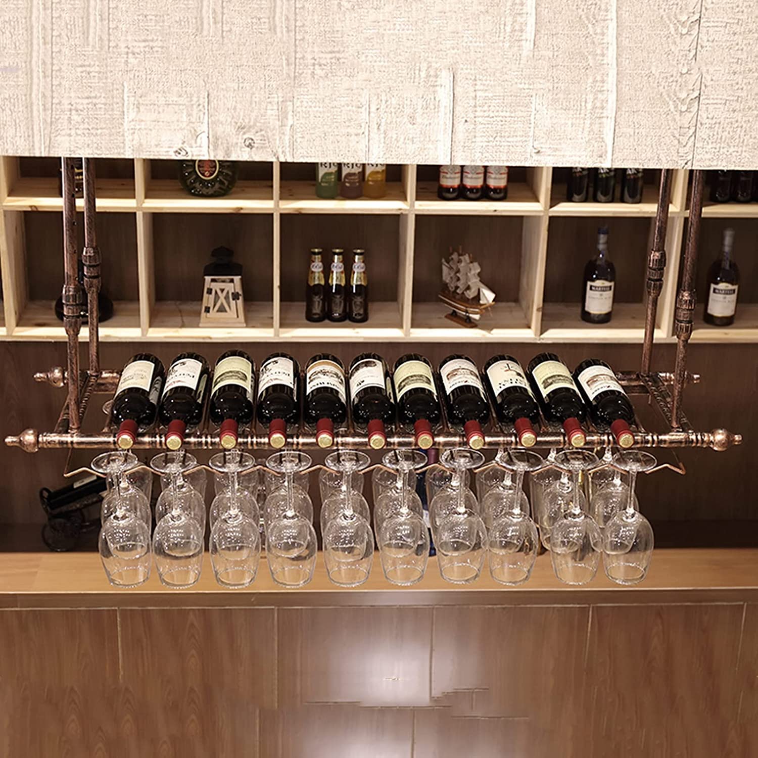 Porte-bouteilles de vin de plafond et support verre suspendu rustique 60x30 cm