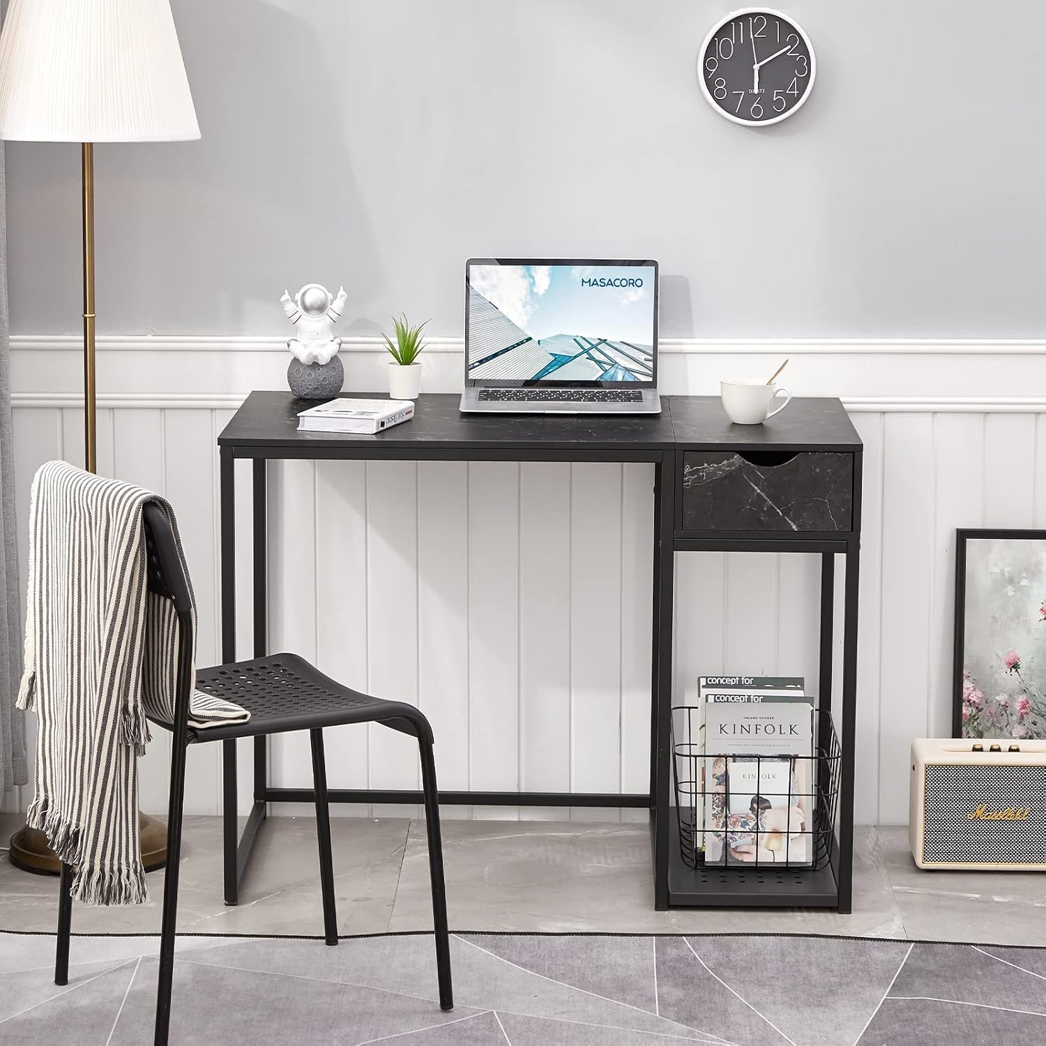 SINPAID Home Office Computer Desk with Drawers,40 Inch Study Writing Table, Modern Simple Style PC Desk,Space Saving, Easy to Assemble, for Small Space Bedroom,(Black Marble Pattern)