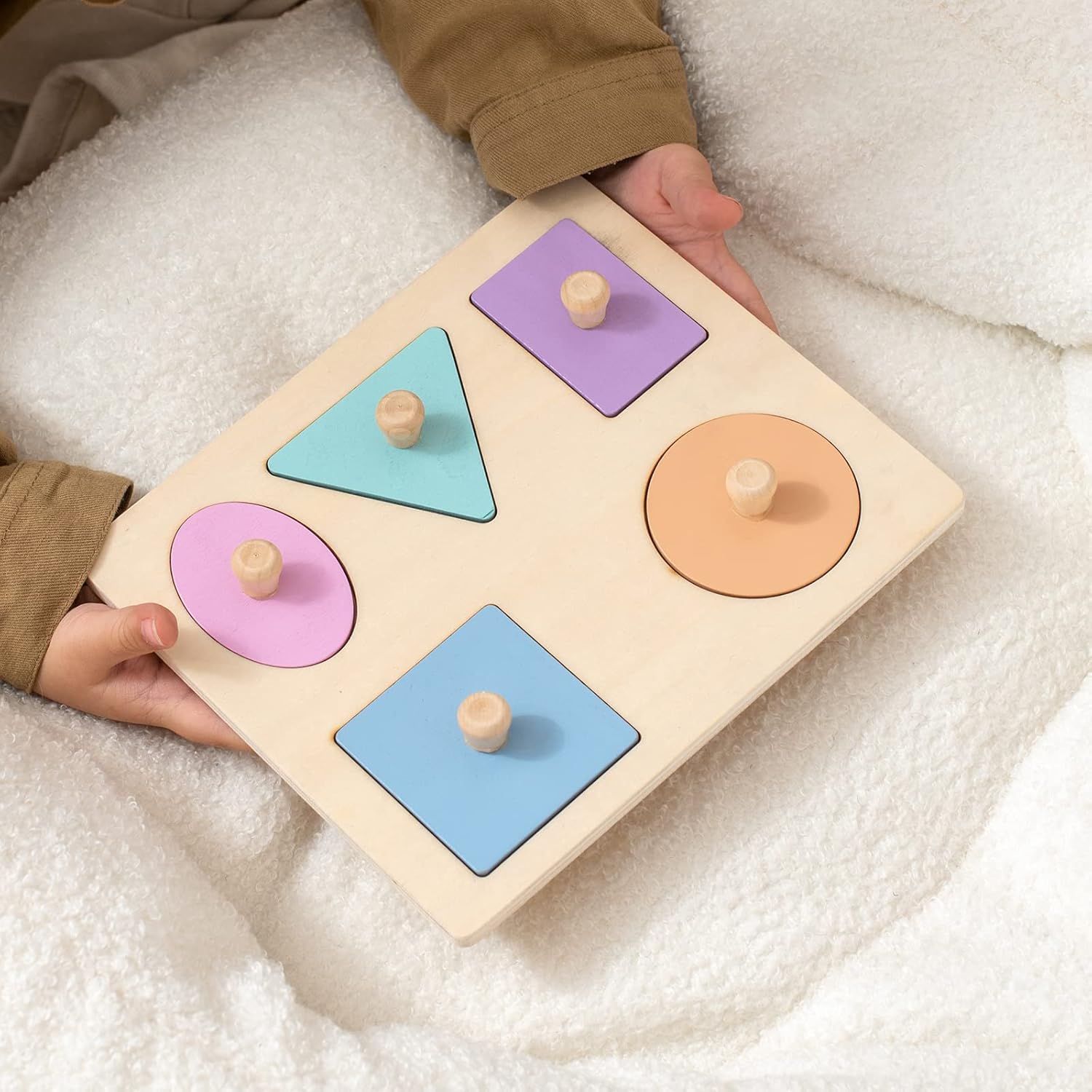 Montessori Wooden Colorful Geometry Pegged Puzzle with Knob Baby Toddler 1-3 Year Old Multi Shape Sorter Educational Toy Jigsaw, 5Pcs in Double Row : Toys & Games